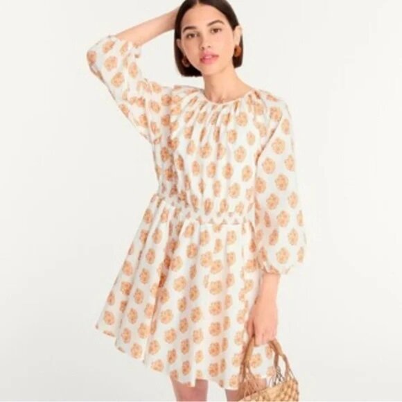 J.Crew Smock Waist Mini Dress in Gathered Floral Print White Orange Small - Picture 12 of 12